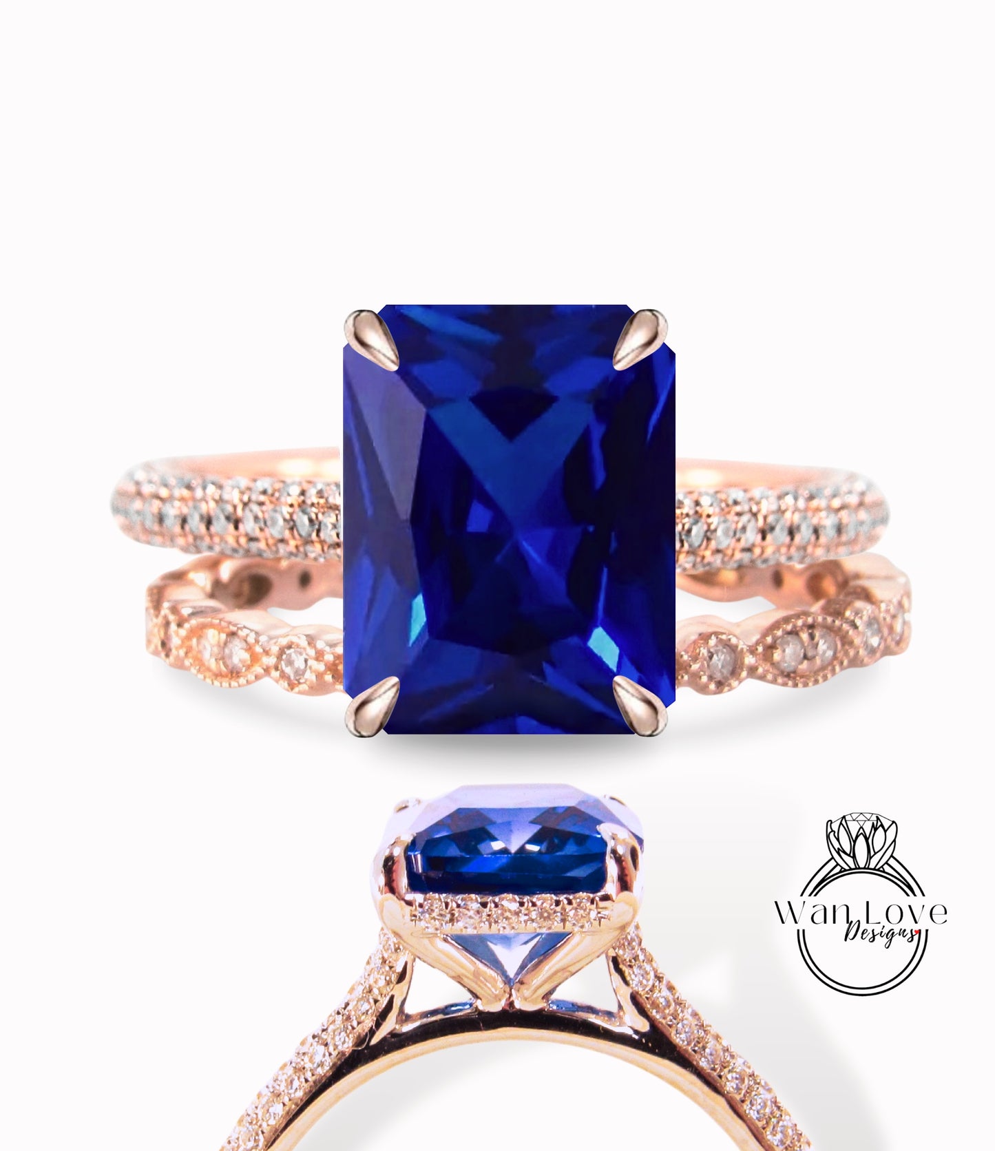 Anello di celebrità con zaffiro blu e diamante smeraldo radioso anello di fidanzamento set completo con foglia dell'eternità Milgrain fede nuziale sul lato nascosto Halo personalizzato