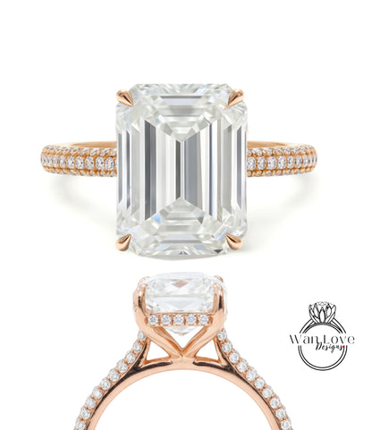 Moissanite & Diamond Emerald cut 3 sided Band Celebrity Style Engagement Ring Custom 14k 18k White Yellow Rose Gold Platinum Wedding Anniversary Bridal Gift