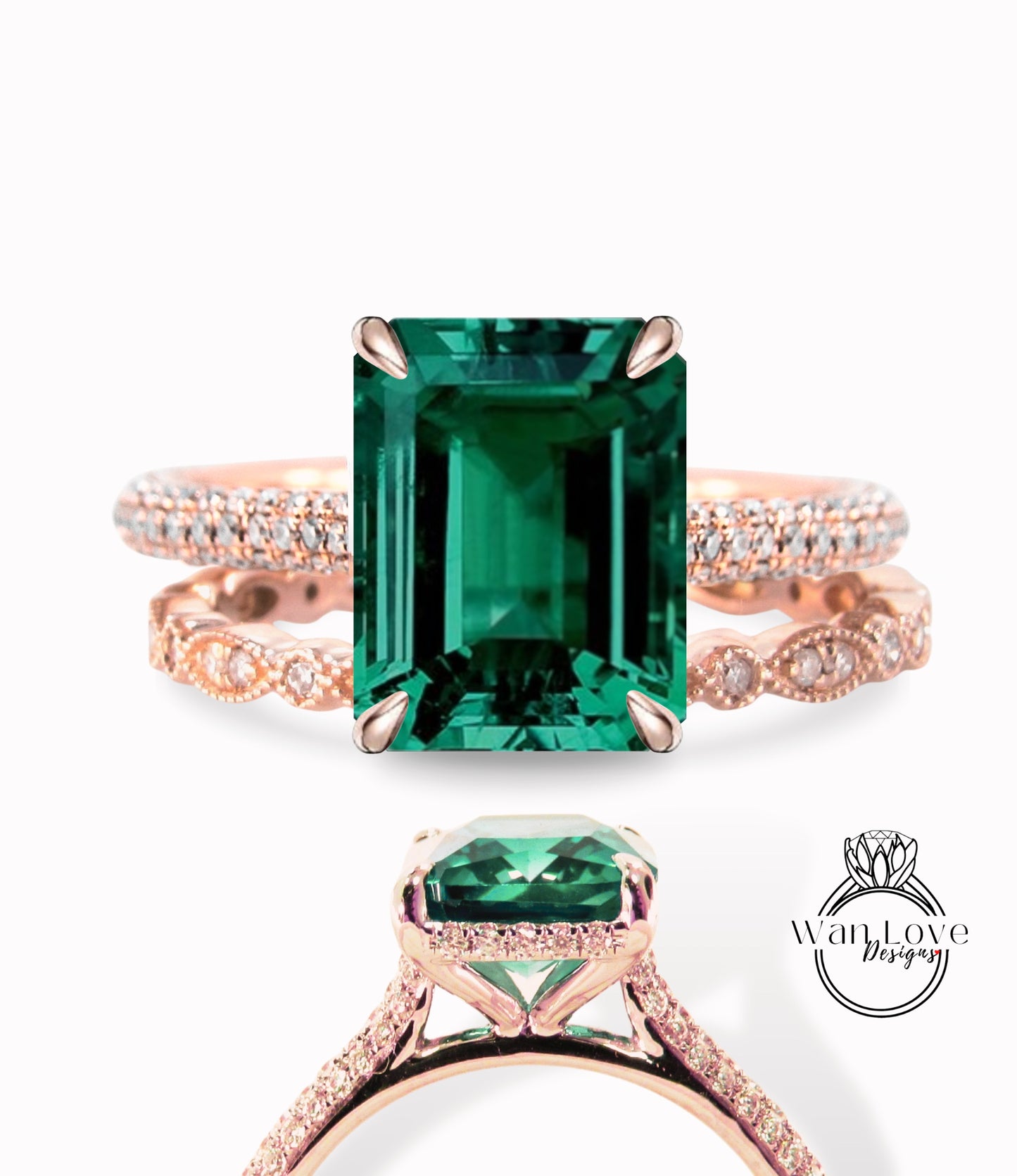 Set di anelli di fidanzamento radianti con smeraldo e diamante, fede nuziale Milgrain Leaf Eternity, stile celebrità, su misura, regalo di anniversario