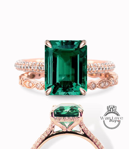 Set di anelli di fidanzamento radianti con smeraldo e diamante, fede nuziale Milgrain Leaf Eternity, stile celebrità, su misura, regalo di anniversario