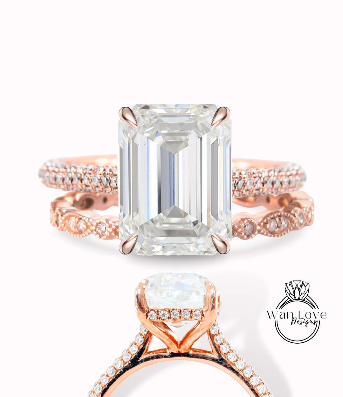 Moissanite Diamante Smeraldo Radiante Anello di fidanzamento Fede nuziale a foglia Set Halo laterale Stile celebrità, Personalizzato, Placcato in oro giallo rosa bianco 14k