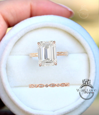 Moissanite Diamante Smeraldo Radiante Anello di fidanzamento Fede nuziale a foglia Set Halo laterale Stile celebrità, Personalizzato, Placcato in oro giallo rosa bianco 14k