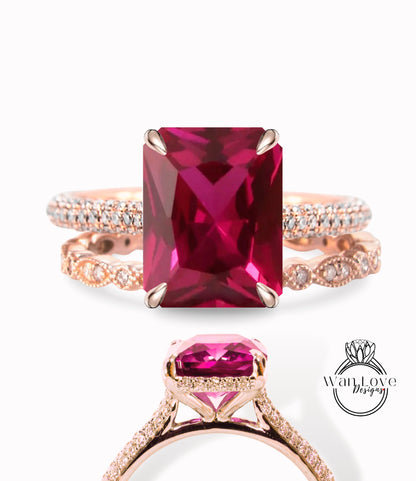 Anello di fidanzamento radiante con rubino e diamante smeraldo, set di fedi nuziali per l'eternità delle foglie, celebrità, personalizzato, regalo di anniversario, sposa