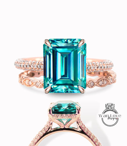 Teal Green Blue Moissanite Diamanti Smeraldo Radiant Side Halo Anello di fidanzamento Foglia Wedding Band Set Celebrity Custom Anniversary Anello nuziale