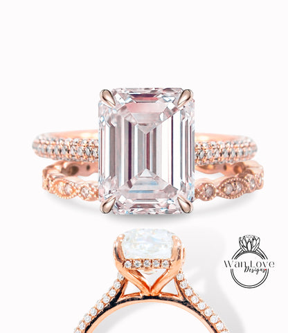 Anello di fidanzamento con diamante rosa chiaro con zaffiro taglio smeraldo, set da sposa in stile art deco, anello con alone nascosto sul lato con diamante antico, fascia per anniversario di matrimonio