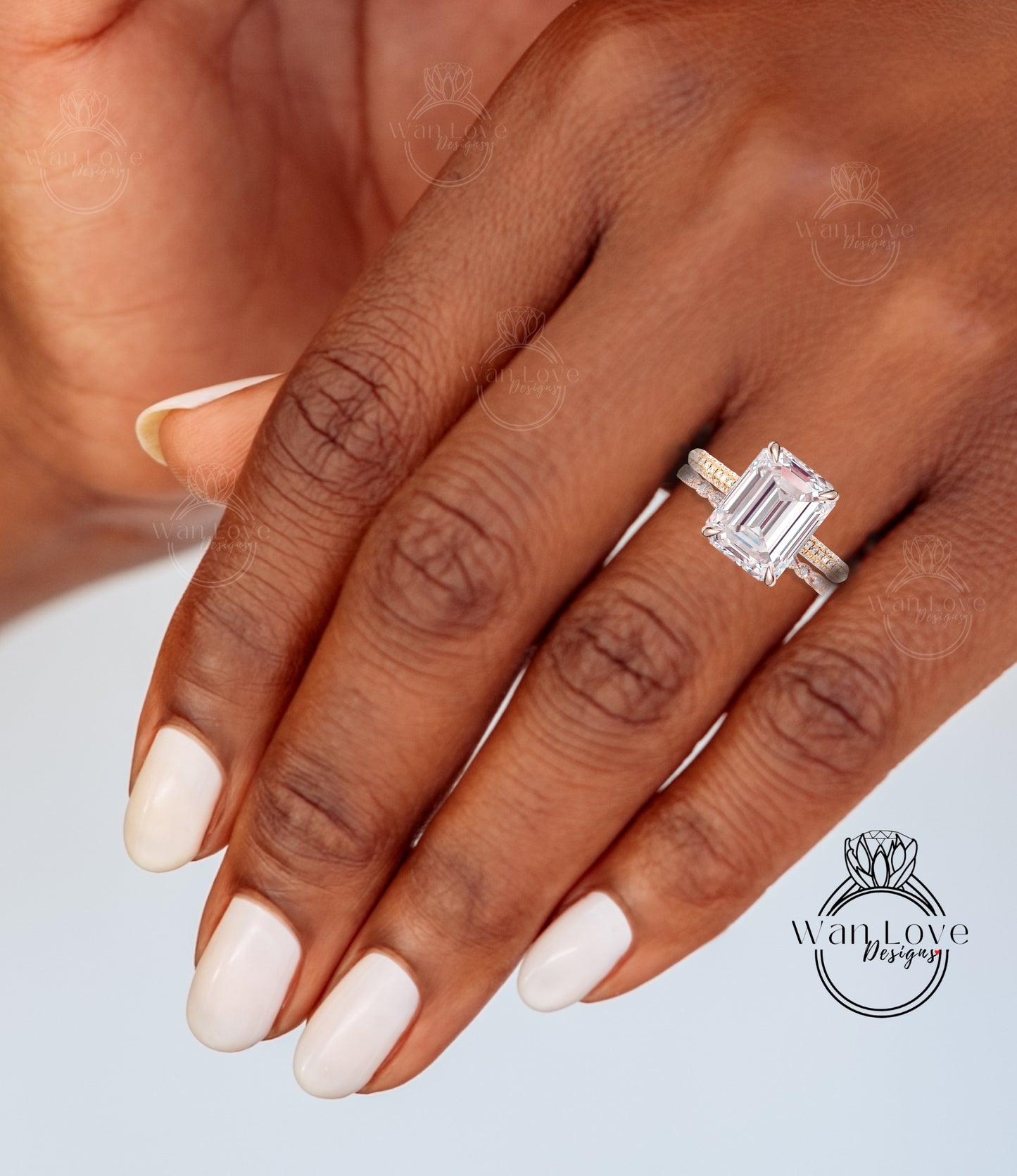 Anello di fidanzamento con diamante rosa chiaro con zaffiro taglio smeraldo, set da sposa in stile art deco, anello con alone nascosto sul lato con diamante antico, fascia per anniversario di matrimonio