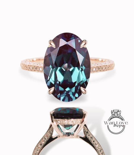 Alexandrite & Diamond Oval side halo 3 sided Almost eternity shank band Engagement Ring 14k/18k Rose White Gold, Celebrity Elongated Oval Bridal wedding Ring, Anniversary Gift