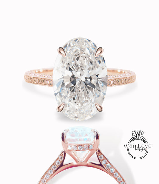 Diamond Oval side halo 3 sided Almost eternity shank band Engagement Ring 14k/18k Rose White Gold, Celebrity Elongated Oval Bridal wedding Ring, Anniversary Gift