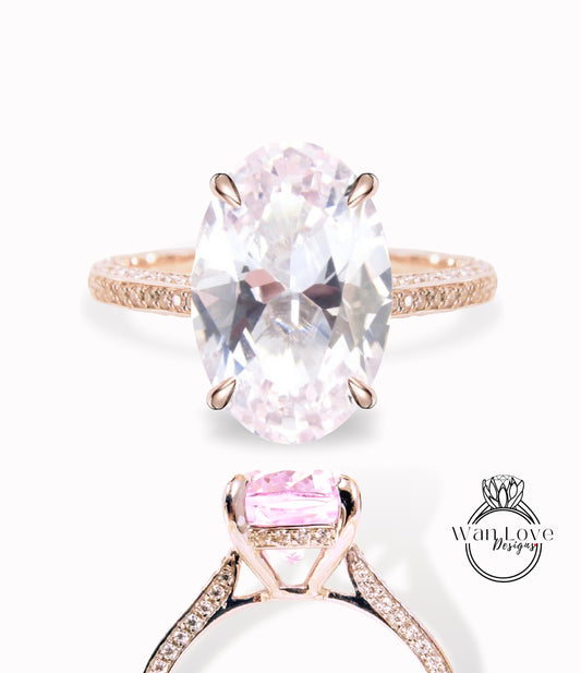 Light Pink Sapphire & Diamond Oval side halo 3 sided Almost eternity shank band Engagement Ring 14k/18k Rose White Gold, Celebrity Elongated Oval Bridal wedding Ring, Anniversary Gift