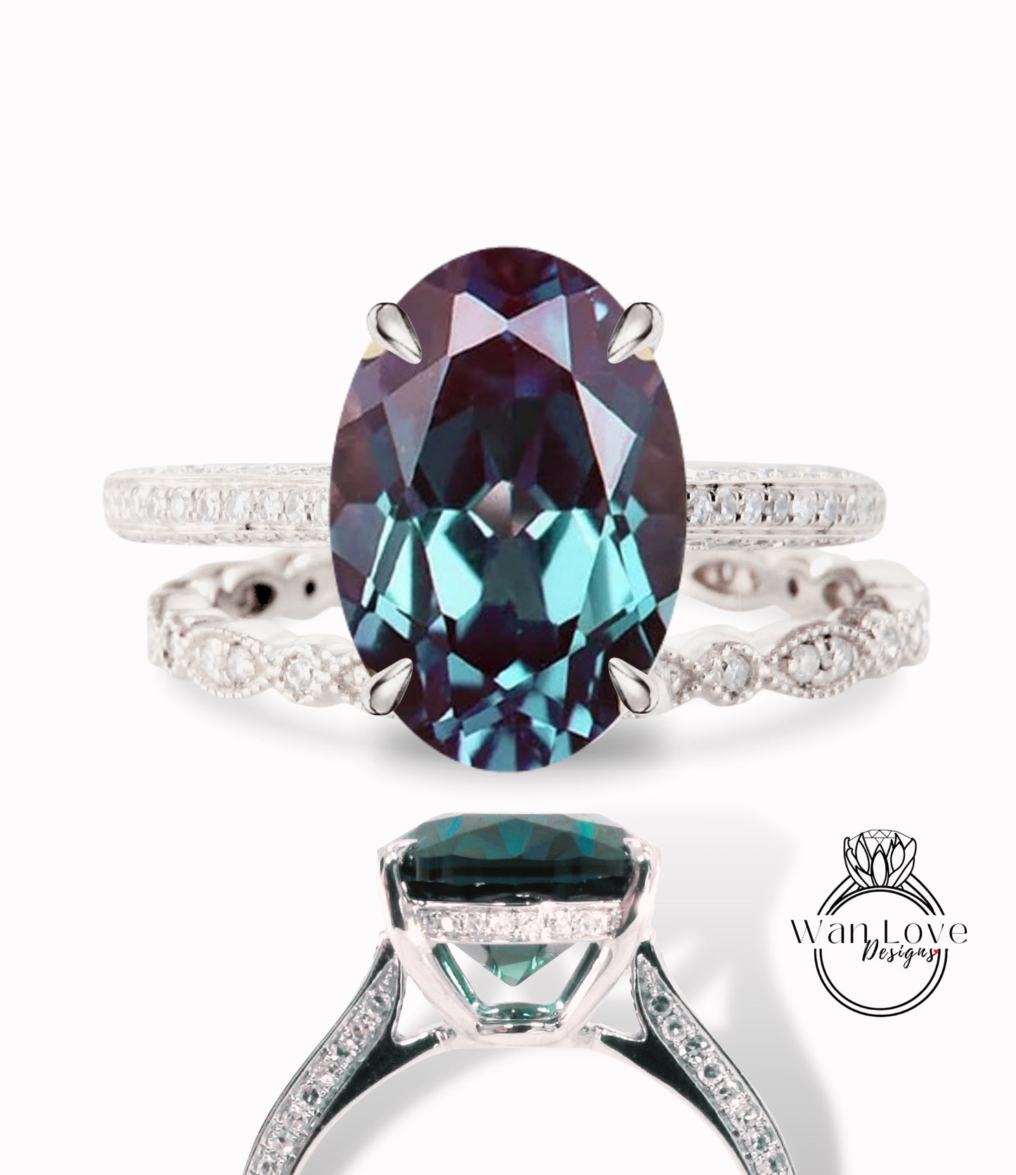 Set di anelli di fidanzamento con Halo laterale ovale con zaffiri rosa chiaro e diamanti Set di anelli di nozze per l'eternità con fede nuziale stile celebrità WanLoveDesigns personalizzati