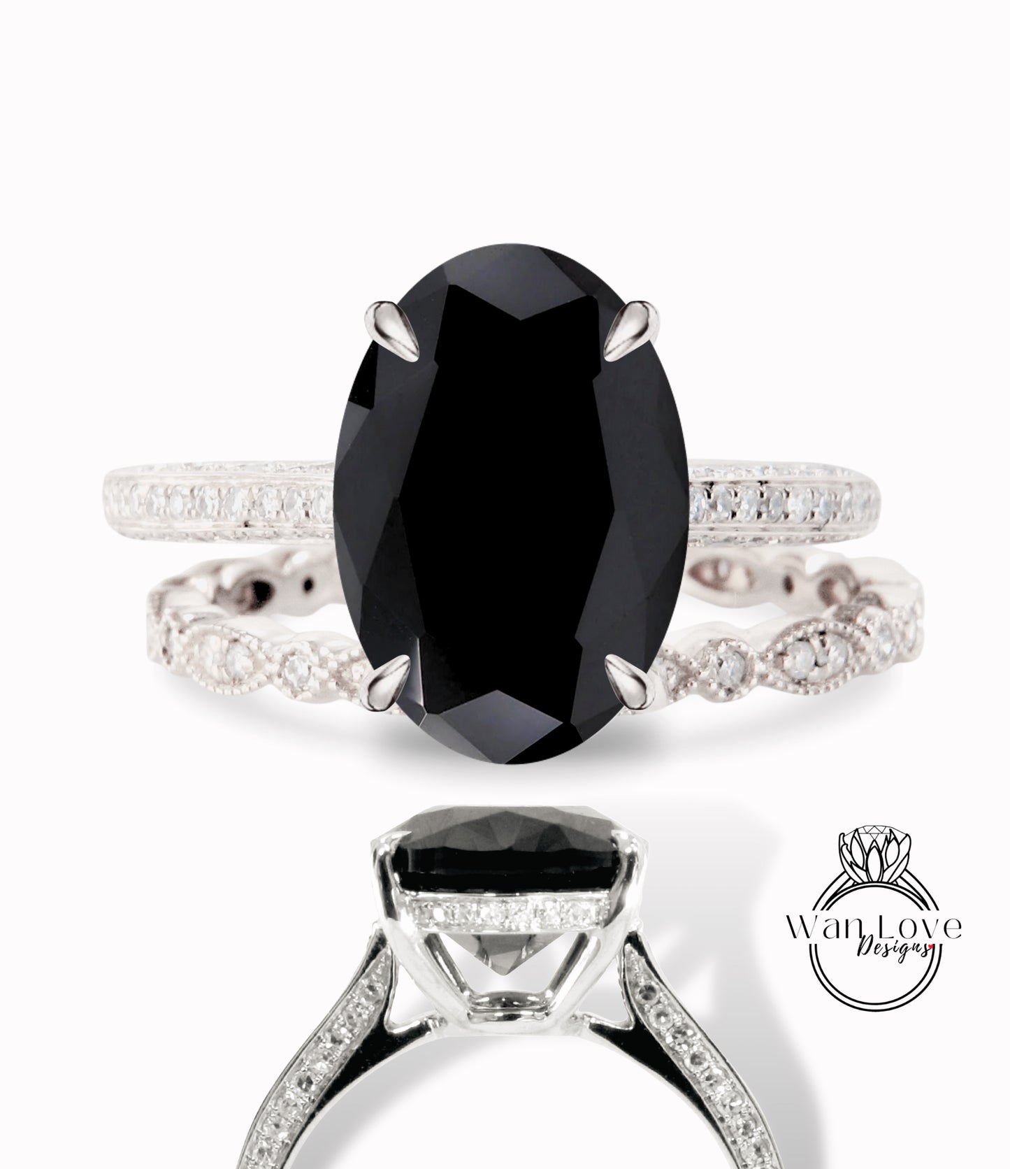 Anello di fidanzamento Celebrity Black Spinel con set in oro bianco Anello nuziale con diamanti vintage da 9 ct antico set da sposa con alone laterale Promessa regalo di anniversario