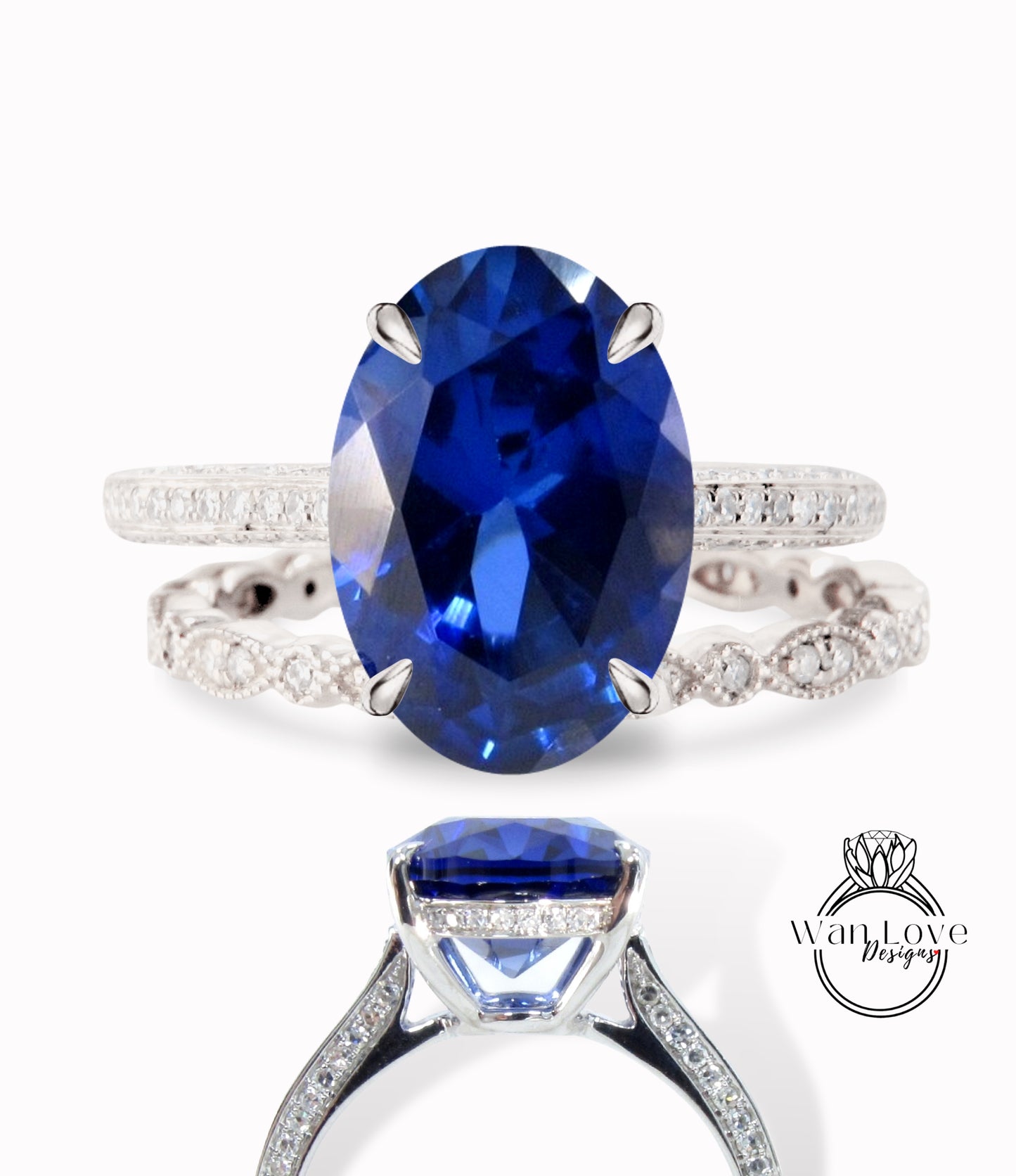 Anello di fidanzamento con zaffiro blu di forma ovale con set vintage Art deco Celebrity anello con alone laterale con diamanti Fede nuziale con fascia smerlata in oro rosa