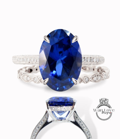 Anello di fidanzamento con zaffiro blu di forma ovale con set vintage Art deco Celebrity anello con alone laterale con diamanti Fede nuziale con fascia smerlata in oro rosa