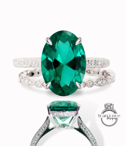 Set di anelli di fidanzamento con Halo laterale ovale con zaffiri rosa chiaro e diamanti Set di anelli di nozze per l'eternità con fede nuziale stile celebrità WanLoveDesigns personalizzati