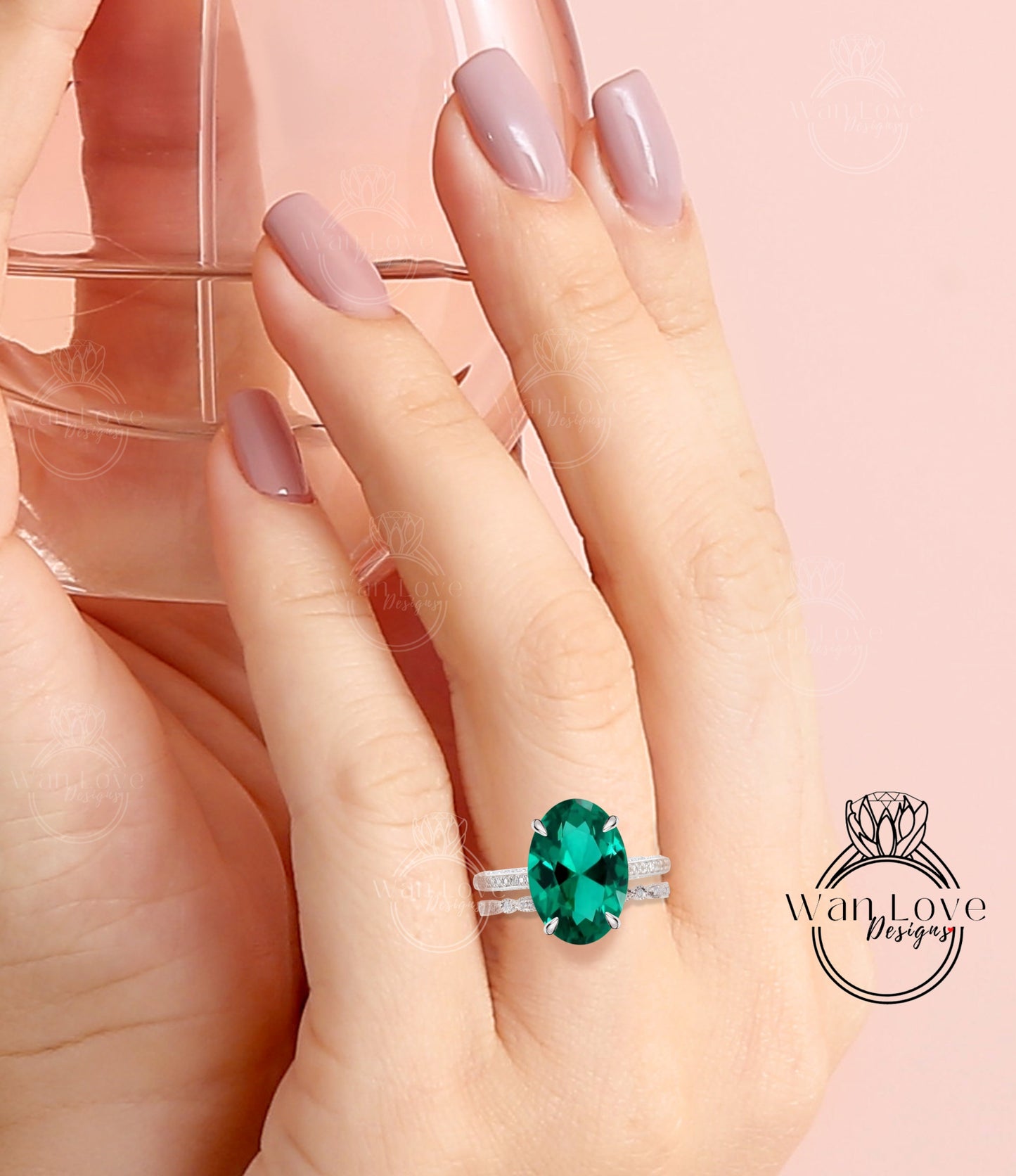 Set di anelli di fidanzamento con Halo laterale ovale con zaffiri rosa chiaro e diamanti Set di anelli di nozze per l'eternità con fede nuziale stile celebrità WanLoveDesigns personalizzati