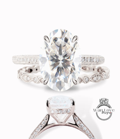 Set di anelli di fidanzamento ovale in Moissanite Set da sposa Art deco milgrain in oro rosa Anello nuziale antico con alone laterale con diamante a taglio ovale Anello anniversario