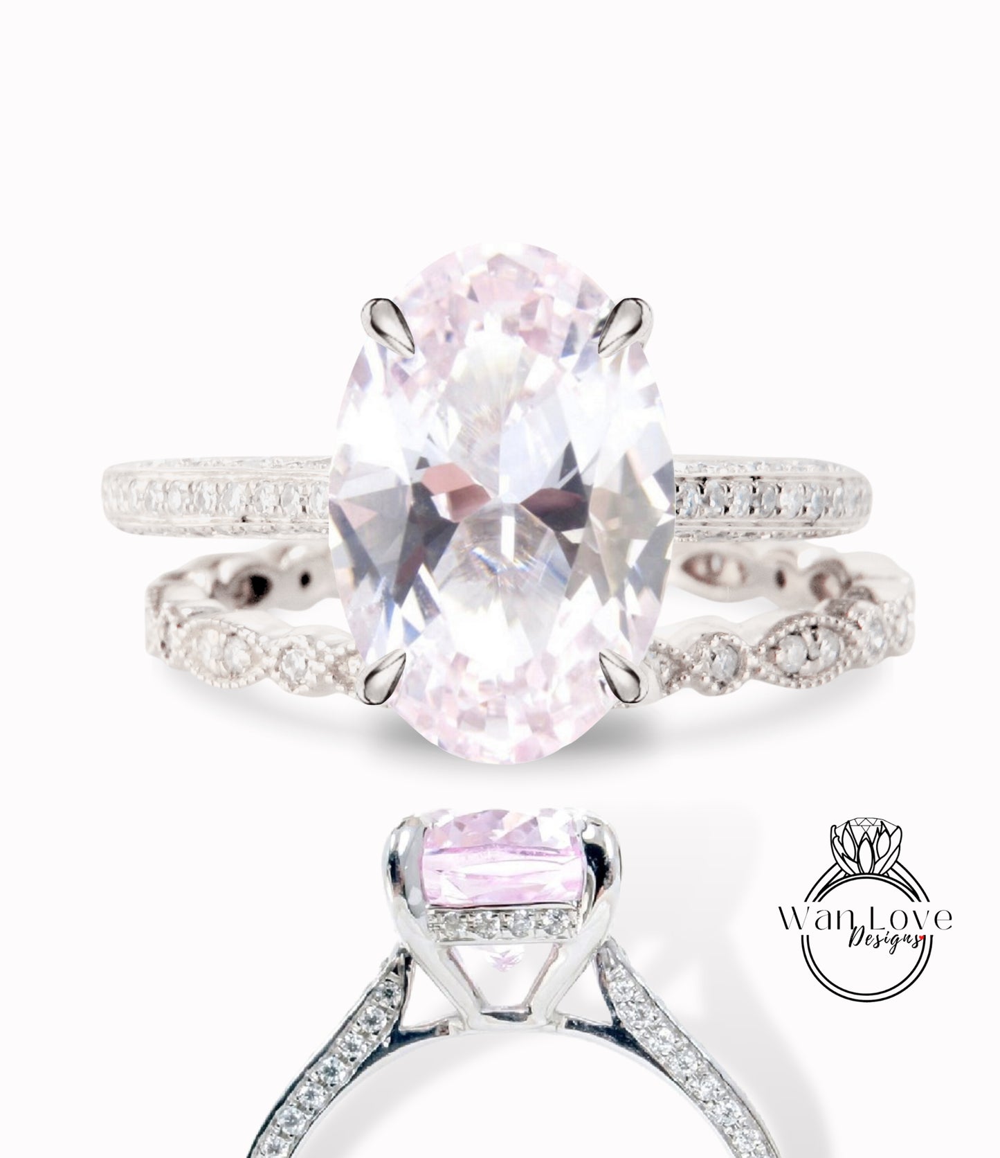 Set di anelli di fidanzamento con Halo laterale ovale con zaffiri rosa chiaro e diamanti Set di anelli di nozze per l'eternità con fede nuziale stile celebrità WanLoveDesigns personalizzati