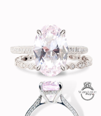 Set di anelli di fidanzamento con Halo laterale ovale con zaffiri rosa chiaro e diamanti Set di anelli di nozze per l'eternità con fede nuziale stile celebrità WanLoveDesigns personalizzati