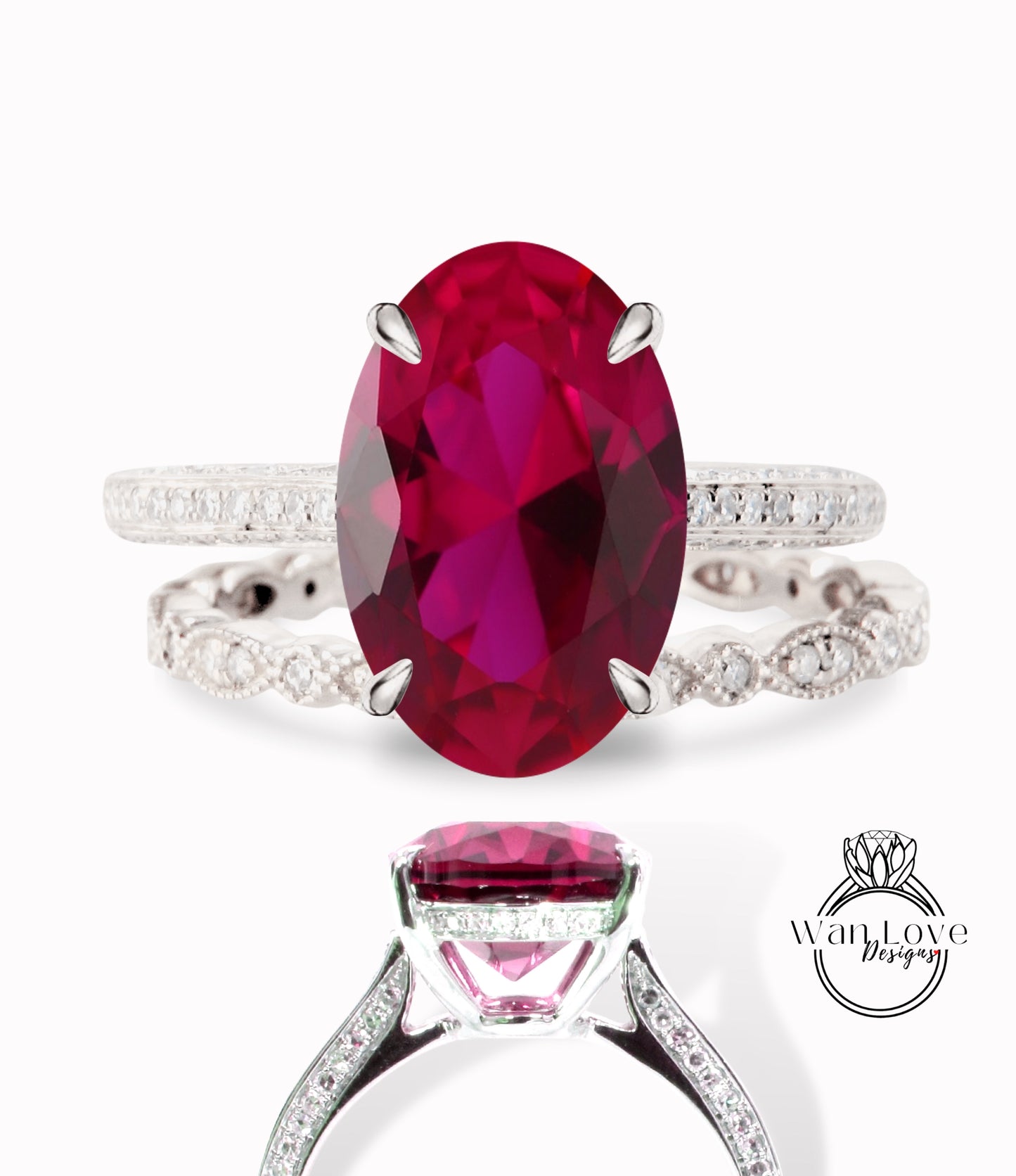 Anello di fidanzamento con zaffiro blu di forma ovale con set vintage Art deco Celebrity anello con alone laterale con diamanti Fede nuziale con fascia smerlata in oro rosa