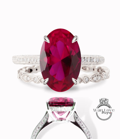 Anello di fidanzamento con zaffiro blu di forma ovale con set vintage Art deco Celebrity anello con alone laterale con diamanti Fede nuziale con fascia smerlata in oro rosa