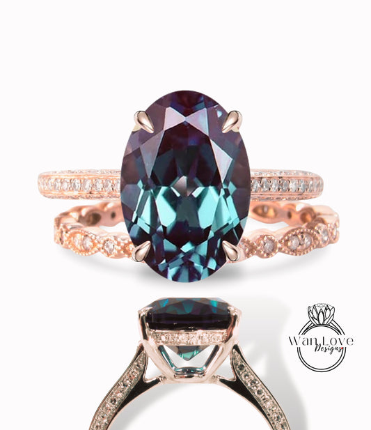 Alexandrite & Diamond Oval Side Halo Engagement Ring Set Almost Eternity 3 sided shank Celebrity Style Bridal Wedding Band Ring set Custom Anniversary Gift
