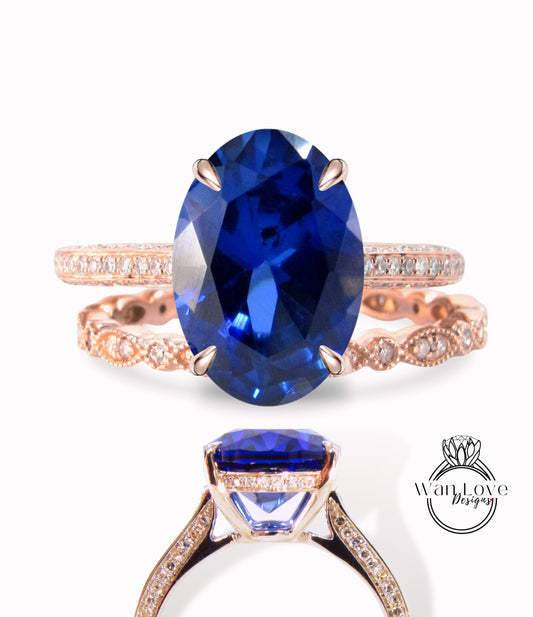 Blue Sapphire & Diamond Oval Side Halo Engagement Ring Set Almost Eternity 3 sided shank Celebrity Style Bridal Wedding Band Ring set Custom Anniversary Gift