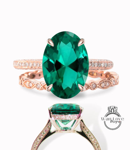 Set di anelli di fidanzamento con Halo laterale ovale con zaffiri rosa chiaro e diamanti Set di anelli di nozze per l'eternità con fede nuziale stile celebrità WanLoveDesigns personalizzati