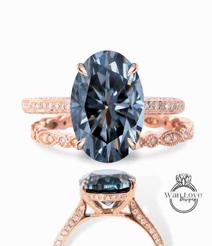 Set di anelli di fidanzamento ovale in Moissanite Set da sposa Art deco milgrain in oro rosa Anello nuziale antico con alone laterale con diamante a taglio ovale Anello anniversario