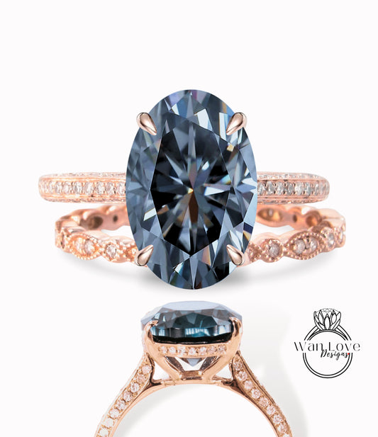 Grey Moissanite & Diamond Oval Side Halo Engagement Ring Set Almost Eternity 3 sided shank Celebrity Style Bridal Wedding Band Ring set Custom Anniversary Gift