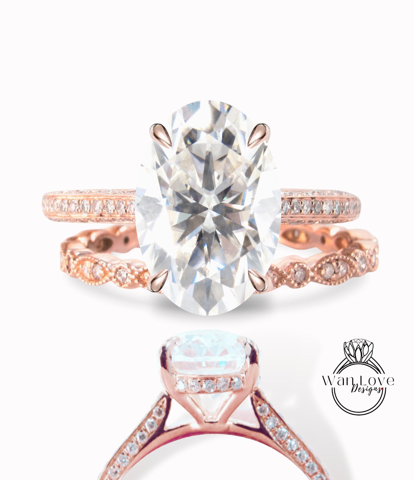 Set di anelli di fidanzamento ovale in Moissanite Set da sposa Art deco milgrain in oro rosa Anello nuziale antico con alone laterale con diamante a taglio ovale Anello anniversario