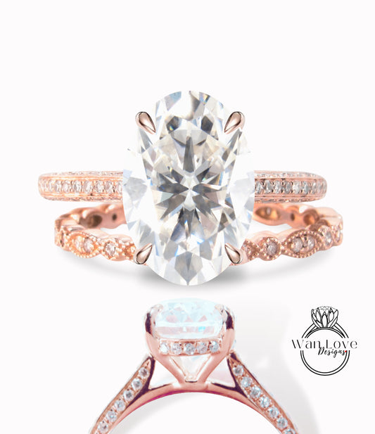 Moissanite & Diamond Oval Side Halo Engagement Ring Set Almost Eternity 3 sided shank Celebrity Style Bridal Wedding Band Ring set Custom Anniversary Gift