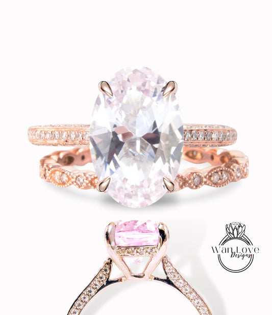 Light Pink Sapphire & Diamond Oval Side Halo Engagement Ring Set Almost Eternity 3 sided shank Celebrity Style Bridal Wedding Band Ring set Custom Anniversary Gift