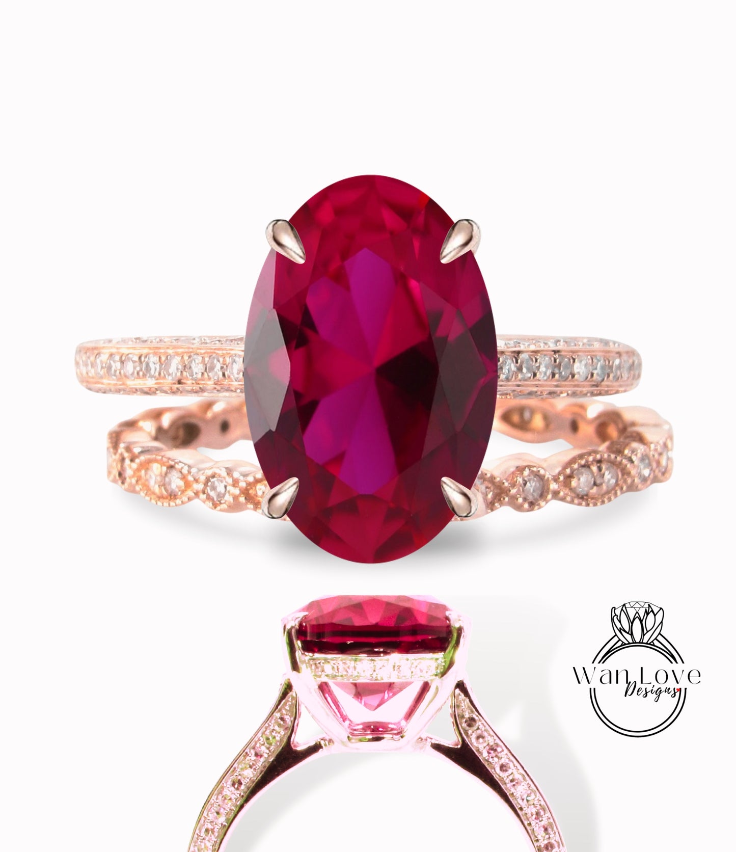 Anello di fidanzamento con zaffiro blu di forma ovale con set vintage Art deco Celebrity anello con alone laterale con diamanti Fede nuziale con fascia smerlata in oro rosa