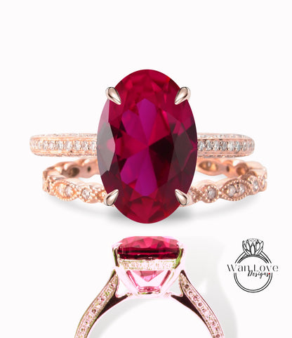 Anello di fidanzamento con zaffiro blu di forma ovale con set vintage Art deco Celebrity anello con alone laterale con diamanti Fede nuziale con fascia smerlata in oro rosa