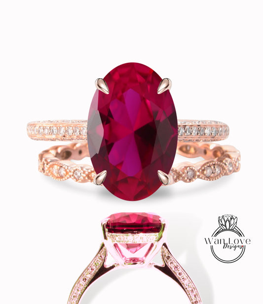 Ruby & Diamond Oval Side Halo Engagement Ring Set Almost Eternity 3 sided shank Celebrity Style Bridal Wedding Band Ring set Custom Anniversary Gift