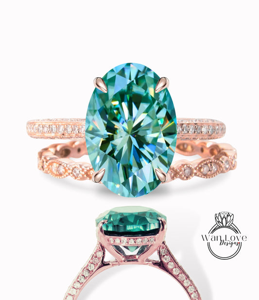 Teal Blue Green Moissanite & Diamond Oval Side Halo Engagement Ring Set Almost Eternity 3 sided shank Celebrity Style Bridal Wedding Band Ring set Custom Anniversary Gift