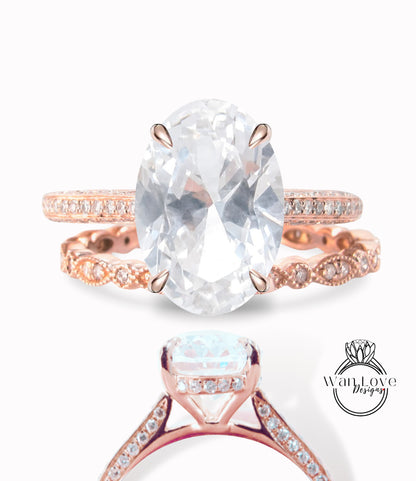 Anello di fidanzamento con zaffiro bianco di forma ovale con set vintage Art deco Celebrity anello con alone laterale con diamanti Fede nuziale con fascia smerlata in oro rosa