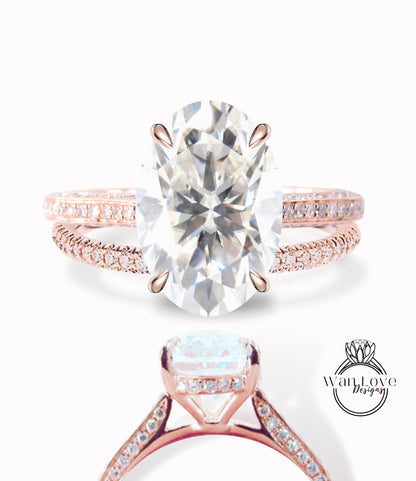 Set di anelli di fidanzamento ovale in Moissanite Set da sposa Art deco milgrain in oro rosa Anello nuziale antico con alone laterale con diamante a taglio ovale Anello anniversario