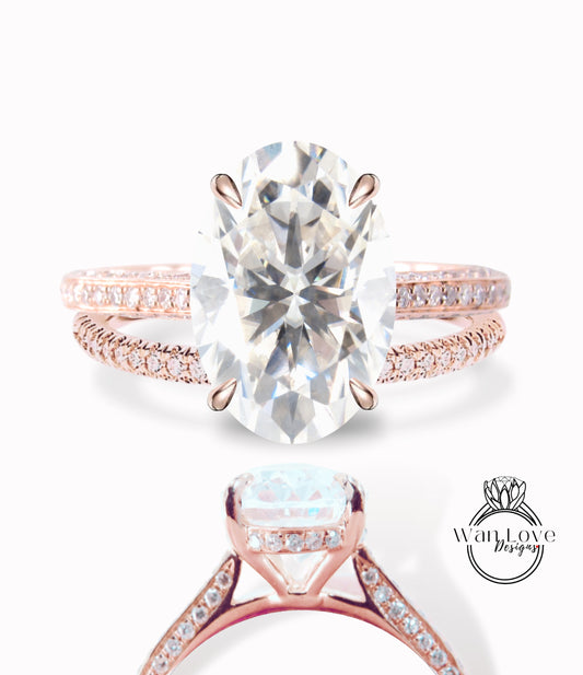 Moissanite & Diamond Oval engagement ring set side halo Celebrity 3 sided Almost Eternity rose gold bridal wedding set Anniversary Gift