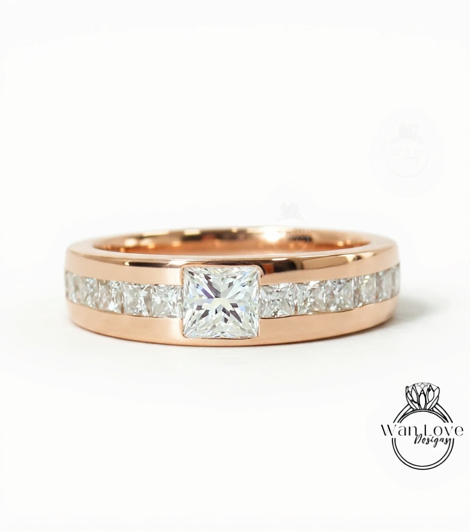 Mens Diamond Ring | Mens Engagement Ring | Mens Princess Cut Moissanite Diamond | White Gold Birthstone Wedding Ring | Mens Rose Gold Ring