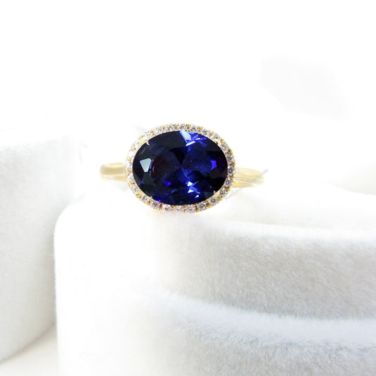 14K Solid Gold Ring /East West Oval Cut Blue Sapphire Diamond Center / Engagement Ring/Anniversary Ring/Promise ring/Halo White Gold Ring Wan Love Designs