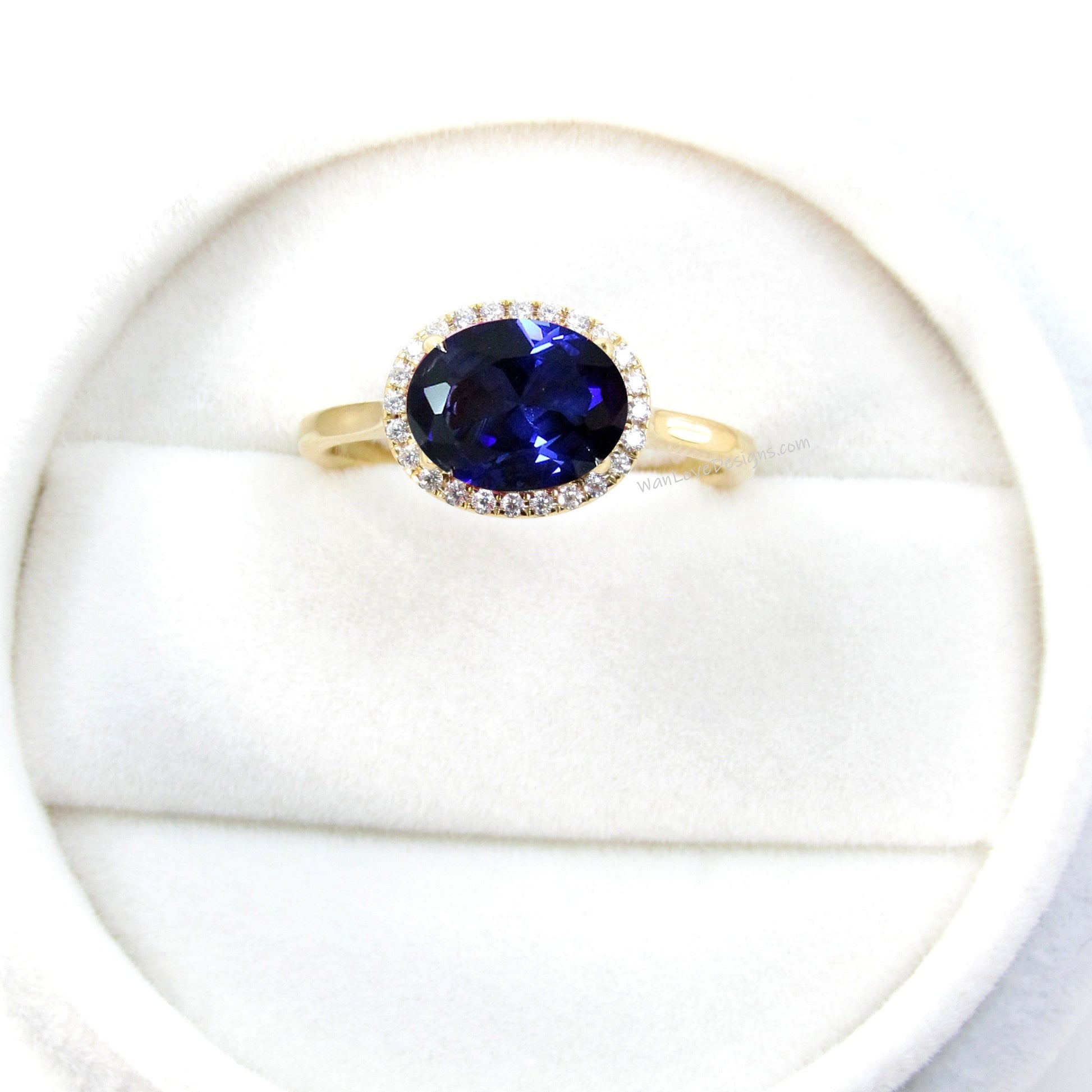 14K Solid Gold Ring /East West Oval Cut Blue Sapphire Diamond Center / Engagement Ring/Anniversary Ring/Promise ring/Halo White Gold Ring Wan Love Designs