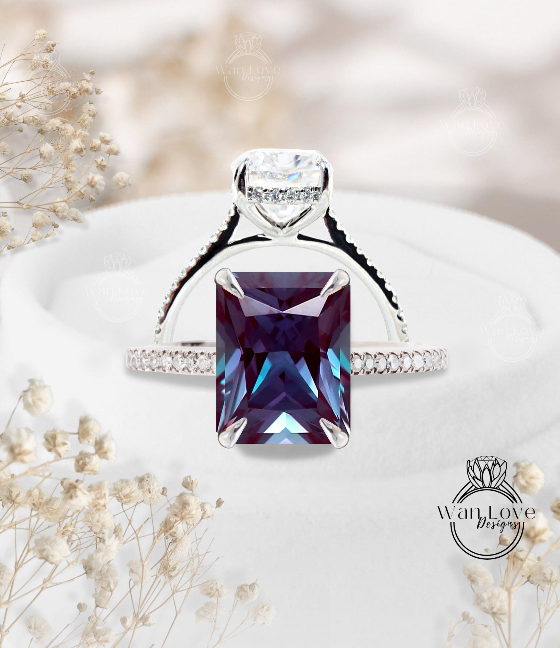 14K Solid Gold Ring/ Emerald Cut Alexandrite Diamond Wedding Ring/ Alexandrite Engagement Ring/ Halo Anniversary Ring/ Rose Gold Ring Wan Love Designs