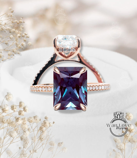 14K Solid Gold Ring/ Emerald Cut Alexandrite Diamond Wedding Ring/ Alexandrite Engagement Ring/ Halo Anniversary Ring/ Rose Gold Ring Wan Love Designs