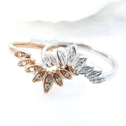 14K Solid Gold Rings/ Art Deco Diamond 9 Leaves Wedding Band/ Curved Matching Band/ 9 Leaf Ring/ Moissanite Promise Ring/ Gift for Her Wan Love Designs