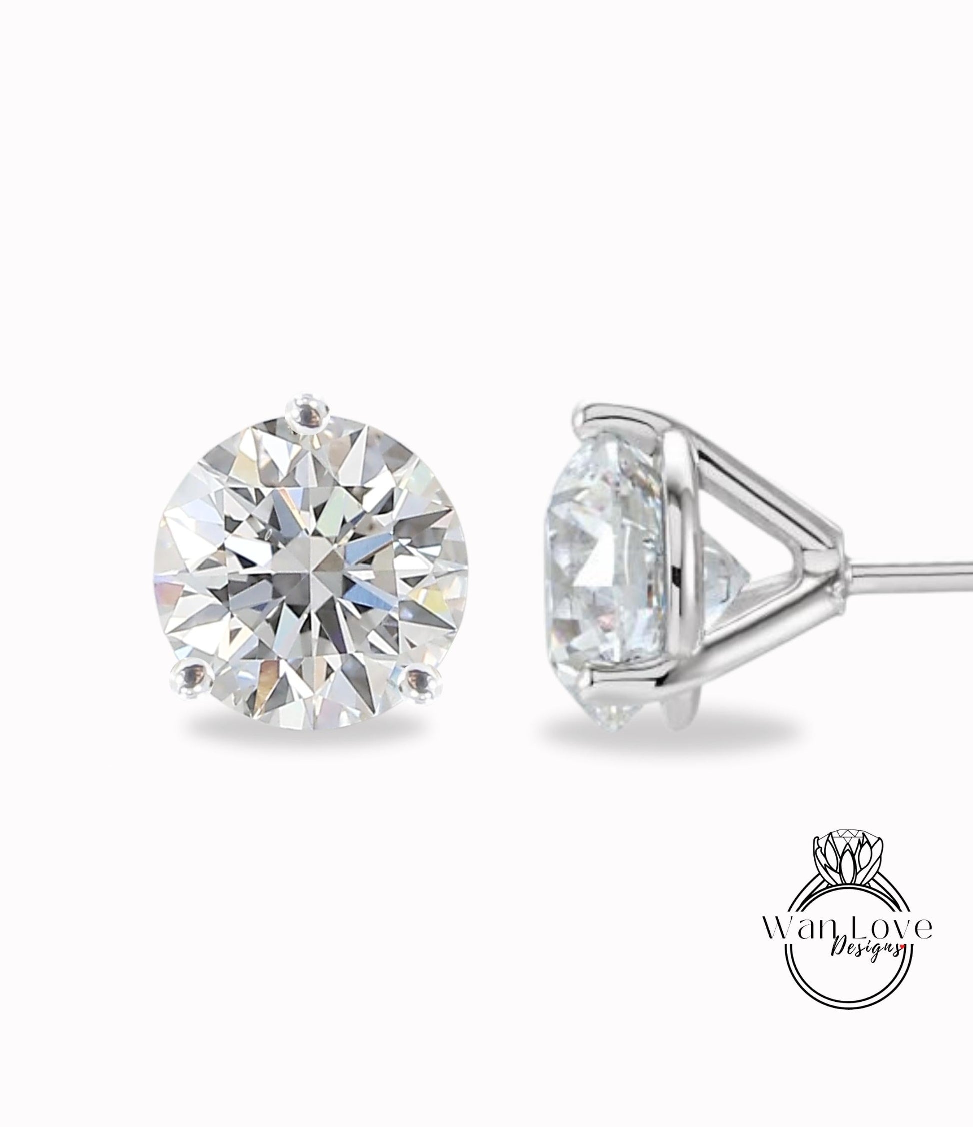 14K Solid Gold Solitaire 3 Prong Diamond Moissanite Martini Setting Studs | Birthstone Martini Studs | Wedding Jewelry | Gift for Her Wan Love Designs