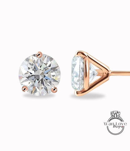 14K Solid Gold Solitaire 3 Prong Diamond Moissanite Martini Setting Studs | Birthstone Martini Studs | Wedding Jewelry | Gift for Her Wan Love Designs