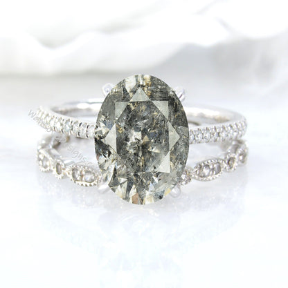 14K Solid Gold Wedding Sets /Oval Salt & Pepper Diamond Bridal Sets/ Anniversary Ring/ Diamond Vintage Band/ Rose Gold Ring Sets Wan Love Designs