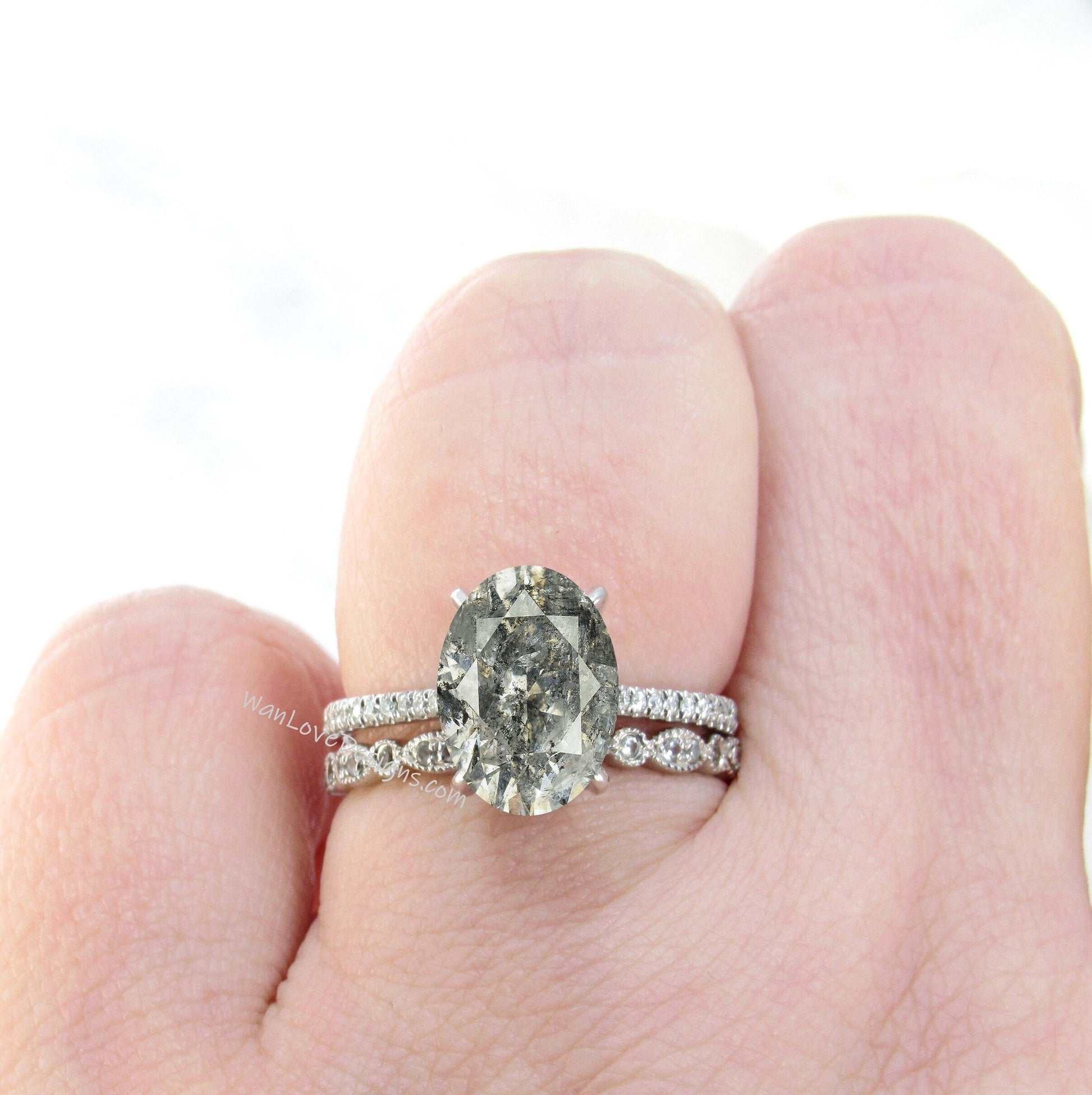 14K Solid Gold Wedding Sets /Oval Salt & Pepper Diamond Bridal Sets/ Anniversary Ring/ Diamond Vintage Band/ Rose Gold Ring Sets Wan Love Designs