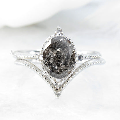 14K Solid Gold Wedding Sets/Oval Salt & Pepper Diamond Bridal Sets/ Engagement Ring/Art Deco Ring/ Diamond Ring/Promise Ring/Rose gold Wan Love Designs
